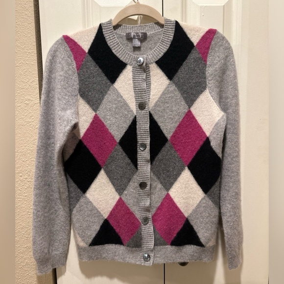 Charter Club Cashmere 100% 2-ply Luxurious Cardigan Argyle Print,size M - Picture 1 of 7